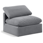 Meridian Furniture - Indulge Upholstered Modular Chair, Grey, Down Stuffed Velvet, Armless Chair - Experience ultimate comfort and style with our grey velvet Indulge Armless Chair. The luxurious velvet will elevate the aesthetic of any room. This chair provides ample space for you to relax while its modular build offers the option of unlimited configurations. Whether you're looking to add a stylish element to your living room or a comfortable seating option to your bedroom, this chair is the perfect choice.