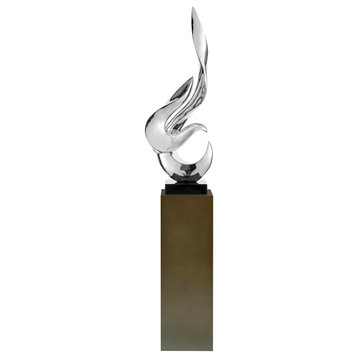 Flame Resin Handmade Floor Sculpture With Stand, Chrome Sculpture/Gray Stand