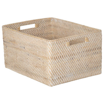 Loma Rectangular Decorative Rattan Storage Basket With Handles, Latte