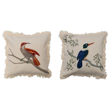 Set of 2 Bird on Branch Cotton Pillows 18 in Square Kingfisher Blue Rust Natural