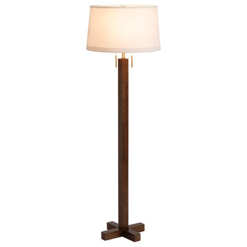 Swiss Cross Floor Lamp -Dark Walnut Wood Finish, Weather Brass, White Line Shade