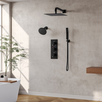Dual Heads 12" & 6" Rain High Pressure Shower System w/3-Way Thermostatic Faucet, Matte Black