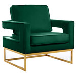 Meridian Furniture - Noah Velvet Upholstered Accent Chair, Green, Gold Base - Kick back and relax in style with this eye-catching Noah green velvet accent chair. Featuring a unique, sleek modern design, this chair's green velvet upholstery and gold stainless steel base is both plush and durable. The chair's cushion is padded with high-density foam, ensuring absolute comfort while you sit and read or watch TV.