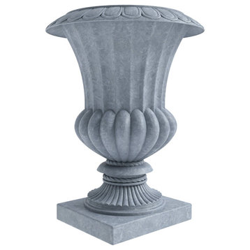 Lotus Urn Planter, Fiberglass and Clay With Drainage Holes, Aged Concrete