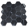 Nero Marquina 3 inch Hexagon Mosaic Tile Honed Black Marble, 1 sheet