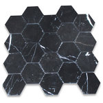 Stone Center Online - Nero Marquina 3 inch Hexagon Mosaic Tile Honed Black Marble, 1 sheet - Nero Marquina Black Marble 3" (from point to point) hexagon pieces mounted on a sturdy mesh tile sheet