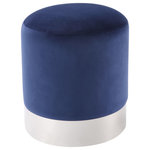 Inspired Home - Madelyn Velvet Round Ottoman With Metal Base, Navy/Chrome - This ottoman's round silhouette blends effortlessly into any casual space. It is an accent piece that is sure to enhance the aesthetics of any modern household. Free of unnecessary embellishments, our velvet round ottoman is both a simple and functional piece. It features a glossy metal base design that assures durability without compromising on the appearance. The base is tastefully complemented by its comfortably upholstered top. Whether used as an extra option for seating guests at your next big game screening or kick up your feet as you lounge in your recliner, this ottoman takes up minimal space. Use one or bunch them together to create a luxe vibe in any room. Give comfort and warmth to your home's interior with the fun and functional round ottoman, adding class and comfort to any space in your living room, family room or den.FEATURES:
