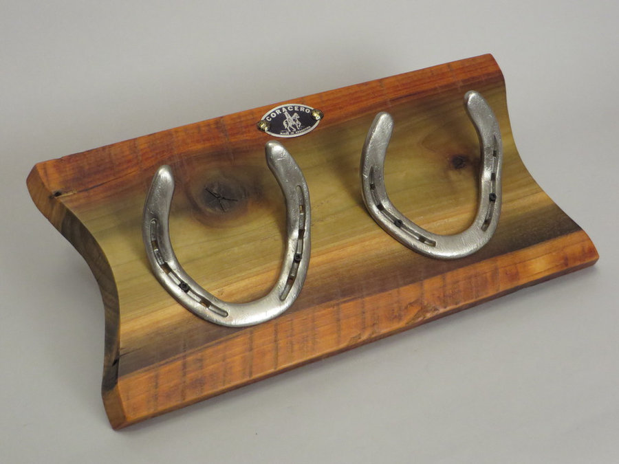 #R15061 Coat Rack Reclaimed Poplar Heartwood, horseshoes, Saddle Tag.