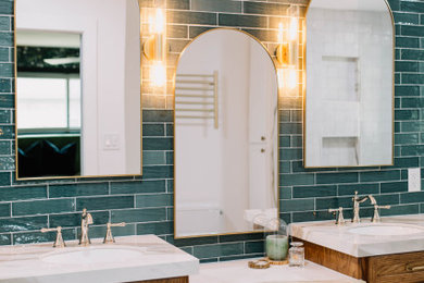 Example of an eclectic green tile and ceramic tile ceramic tile, multicolored floor and double-sink bathroom design in Dallas with furniture-like cabinets, medium tone wood cabinets, a one-piece toilet, green walls, a drop-in sink, quartz countertops, multicolored countertops and a built-in vanity