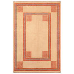 Bareens Designer Rugs - Modern Ziegler Kotan Beige Rust Hand-Knotted Wool Rug - 5'9'' x 7'7'' - Enhance the ambiance of your home with this magnificent Persian-influenced Turkish hand-knotted rug made by skilled artisans capable of creating the most exceptional vegetable dyes and hand-spun wool. This exquisite handmade rug is a one-of-a-kind  Kafkaz, otherwise identified as Chobi, Chobi Peshawar, Oushak, or Ziegler rug. These handmade rugs are crafted in Pakistan utilizing superior-quality wool imported from Australia, New Zealand, and Korea in two types of weaves: the Persian weave and the Mori weave. This rug is meticulously crafted by hand using the finest natural vegetable dyes extracted from local plants. The artisans use a blend of hand-spun local and fine merino wool, resulting in a rug with a compelling texture, higher lanolin content, and longer staple. The artisans occasionally incorporate natural or artificial silk into the pile to enhance specific motifs. The finished product is an awe-inspiring execution of flawless design and an understated palette that exudes elegance.