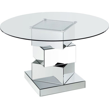 Contemporary Dining Table, Geometric Design With Rounded Glass Top, Chrome