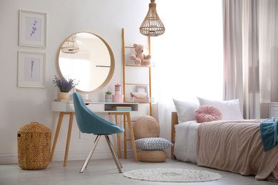 Inspiration for a small mid-century modern gender-neutral vinyl floor kids' room remodel in Los Angeles with white walls