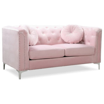 Maklaine Contemporary Soft Velvet Button Tufted Loveseat in Pink