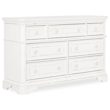 Traditional Double Dresser, 7 Spacious Drawers With Rounded Knobs, Aged White