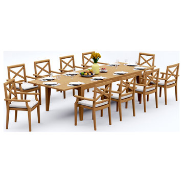 11-Piece Outdoor Teak Dining Set: 122" Rectangle Table, 10 Grand Stacking Chairs
