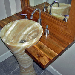 Onyx Pedestal Sink & Reclaimed Teak Vanity Top & Mirror - Bathroom Sinks