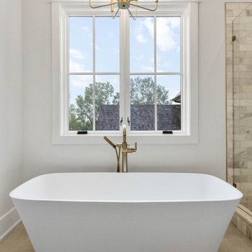 Spa-Like Modern Farmhouse Master Bath: Double Marble Vanity, Freestanding Tub, G