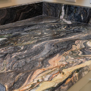 Primary Bath with Explosion Blue Quartzite Countertops