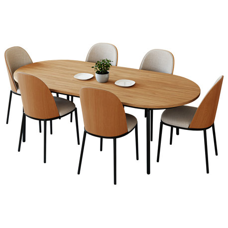 LeisureMod Tule 7-Piece Dining Set in Black Steel Frame , Natural Wood/Beige