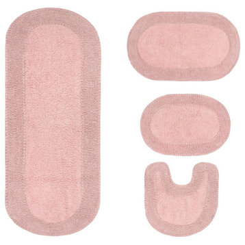 Double Ruffle Collection Bath Rugs Set, 4-Piece Set With Contour, Pink