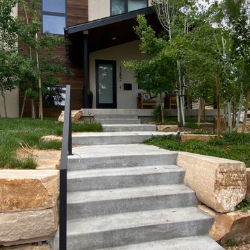 Mountain inspired minimalist boulder retaining walls and plantings.