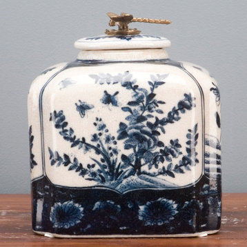 Hand painted blue and white porcelain lidded jar with bronze dragonfly ormolu