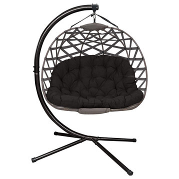 Hanging Porch Loveseat Swing, Sand Cover and Washable Black Cushion, Cross Weave