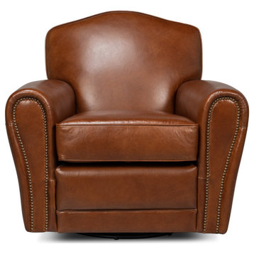 Elite French Swivel Brown Leather Club Chair
