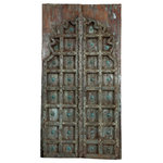 Mogul Interior - Consigned Vintage Rustic Blue Antique Doors Carved Farmhouse Doors 81 - These Vintage Rustic Blue Antique Doors Carved Wood Farmhouse Doors are crafted from teak wood showcasing the ancient artistry. Each rustic carved door features a square grid along with brass accents adding a touch of old-world charm to your home. Perfect for enhancing the vintage charm of your living room, bedroom, patio, or courtyard, these antique carved doors bring a vintage aesthetic to your home. The ornate carved doors offer a rustic elegance, creating a classic sophisticated atmosphere that elevates your decor.