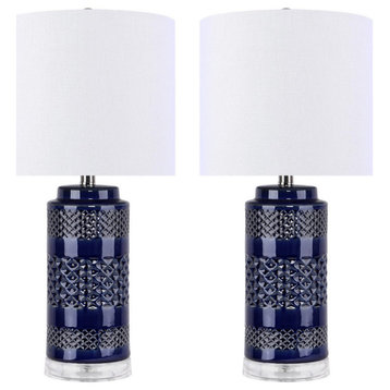 21" Navy Ceramic Table Lamp With Cylindrical Base & White Linen Shade, Set of 2