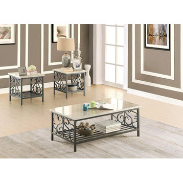 3 Pieces Coffee Table Set, Faux Marble Top With Slatted Shelf & Scrolled Accents
