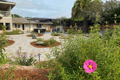 Photo of a huge contemporary drought-tolerant and partial sun brick and wood fence landscaping in Other with a fireplace.