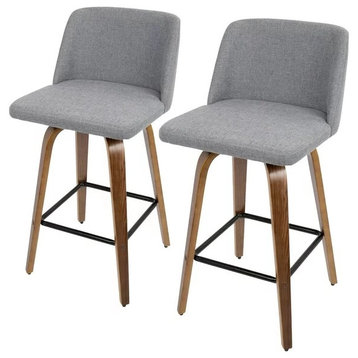 Set of 2 Mid Century Counter Stool, Bentwood Legs With Cushioned Seat, Gray
