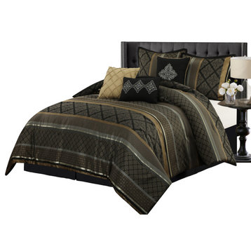 Tefia 7 Piece Comforter Set, Black/Gold, California King