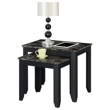 Convenience Concepts Baja Nesting End Table in Black Wood and Faux Marble Top