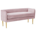 Meridian Furniture - Audrey Velvet Upholstered Bench, Pink - Sit or recline in exquisite comfort on this Audrey bench from Meridian Furniture. The pink velvet is smooth and soothing to touch, perfect for relaxing after a long day of activities. Underneath the bench are four golden legs for sturdy support with caps on each leg to protect your floors. The contemporary design suits modern households while the 20-pound weight makes it easy to move around as needed. Sit the bench in the living room for extra seating or by the front door for putting on shoes.