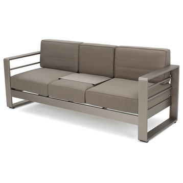 Modern Outdoor Sofa, Anodized Aluminum Frame, Removable Tray and Silver Cushions