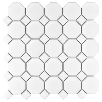 Metro Octagon 11-1/2"x11-1/2" Porcelain Mosaic Floor/Wall Tile, Matte, Matte White W/White Dot