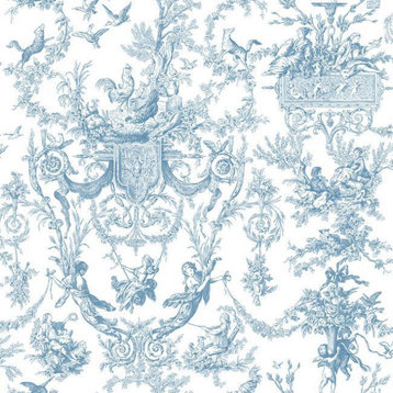 York Wallcoverings AT4241 Blue Book Old World Toile Wallpaper Blue/White