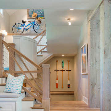 Light Reclaimed Wood Box Beam Posts in Coastal Entryway