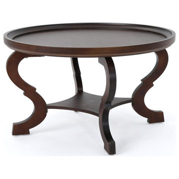 Traditional Coffee Table, Curved Legs & Round Top With Raised Edges, Dark Walnut