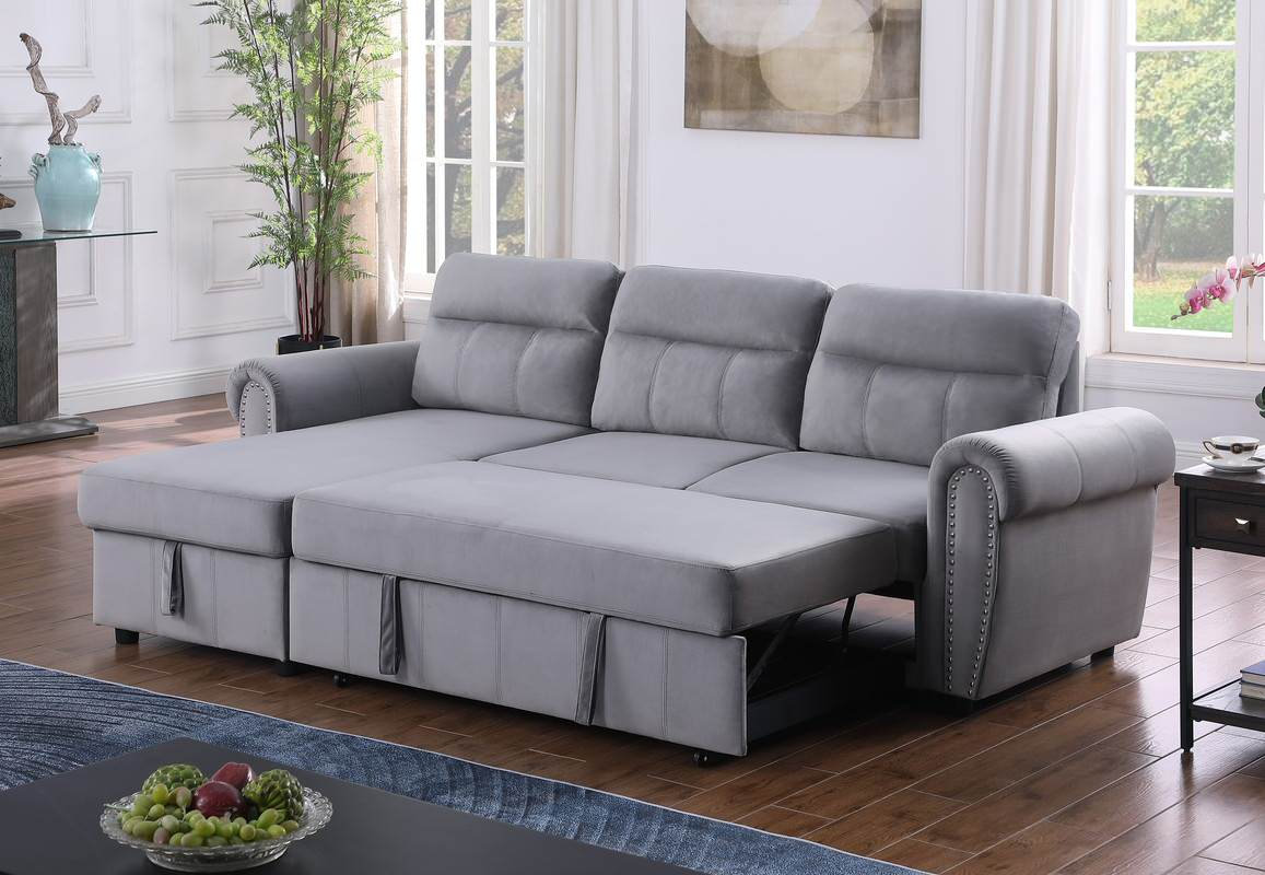 Ashton Velvet Fabric Reversible Sleeper Sectional Sofa Chaise ...