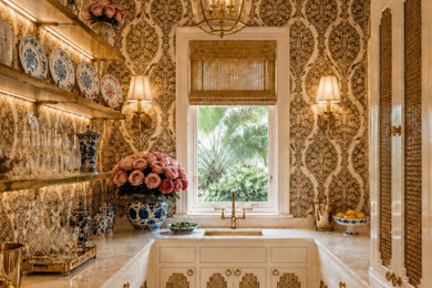 Inspiration for a timeless ceramic tile and beige floor wet bar remodel in Other with white cabinets, marble countertops and white countertops
