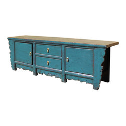 Oriental Distressed Rustic Teal Blue Lacquer Low Console Table Cabinet - Console Tables