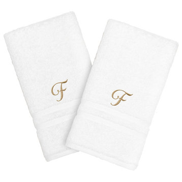 Denzi Hand Towels With Single Letter Gold Script Monogram, Set of 2, F