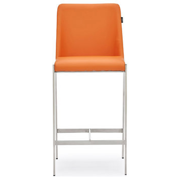 Eliza Orange Leatherette Counter Stool with Polished Stainless Steel Legs