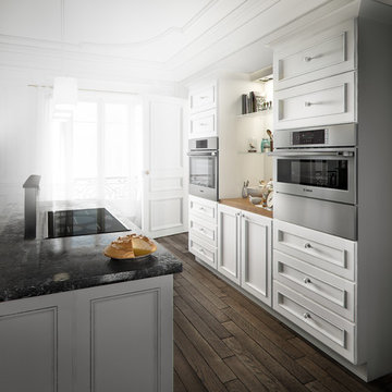 Transitional White Kitchen with Bosch Stainless Steel Appliances