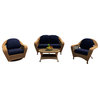 Catalina 4 Piece Traditional Sofa Set, Straw Wicker, Navy Cushions