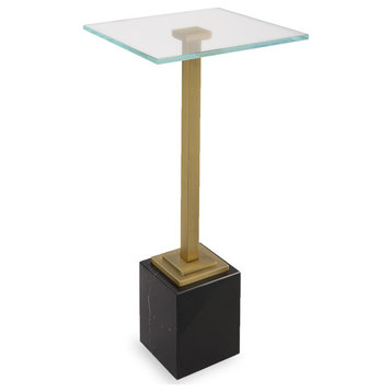 Contemporary 11" x 24" Iron WhiteGlass Marble Brushed Brass Accent Table