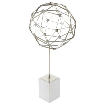 Modern Iron Nucleus Design Sphere Sculpture With White Marble Base, Silver